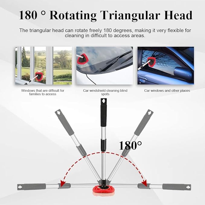Windshield Cleaning Tool, Car Window Cleaner, Windshield Cleaner with 4 Washable Reusable Microfiber Pads and Extendable Handle, Auto Glass Wiper Cleaning Kit Universal for Car (Red)
