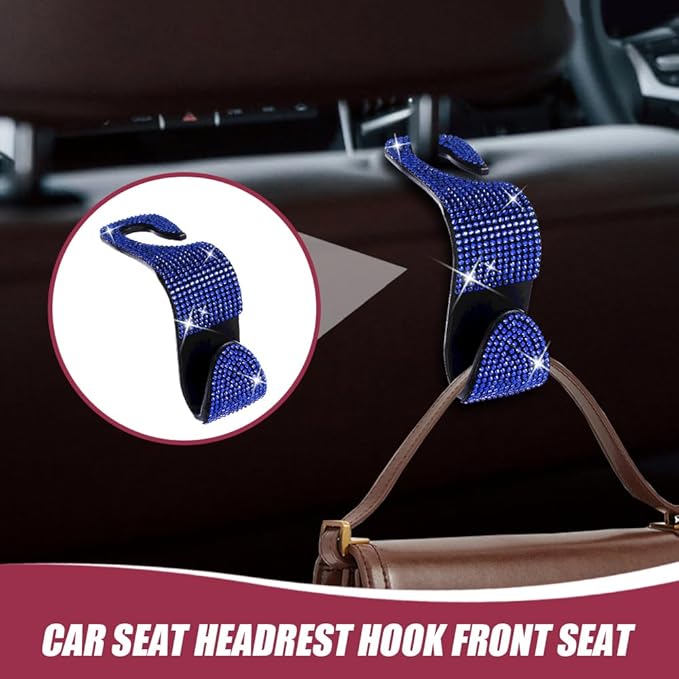 deemars 2 Pack Car Seat Headrest Hook, Bling Car Hooks Front Seat, Back Seat Organizer Hanger Storage Hook Car Purse Hook for Bags, Clothes, Coats, Grocery Bags (Blue)