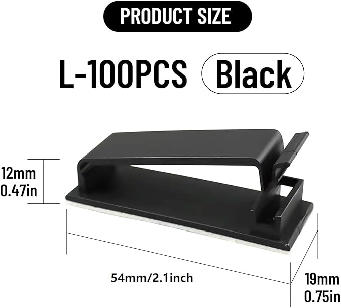 Adhesive Cable Clips Holder, Outdoor Light Clips, Black Cord Wire Clips, Sturdy Nylon Cord Wall Finisher Wire Clamp for Home, Car, Office Desk Wire Management (Black, L-100 PCS)