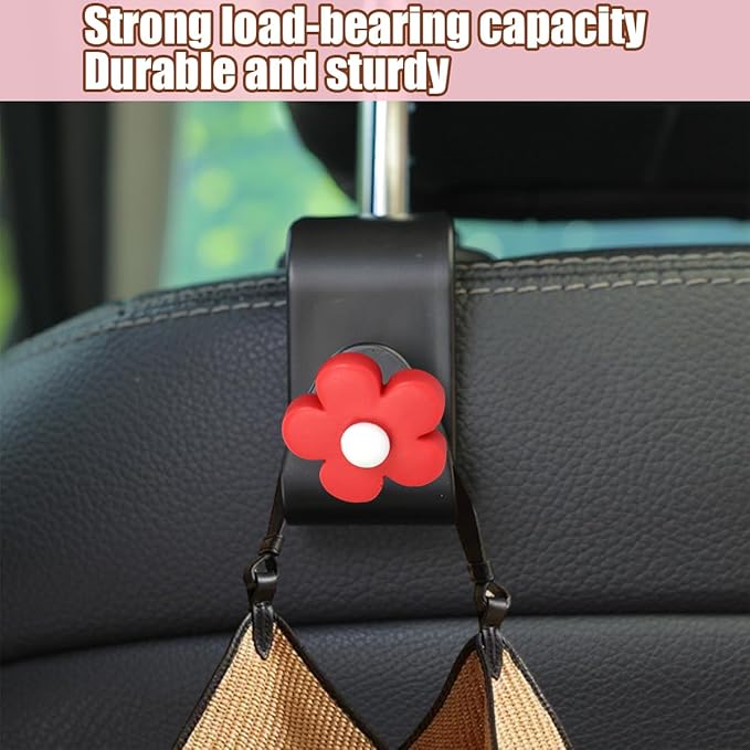 4 PCS Car Headrest Hook, Multifunctional Flower Vehicle Seat Back Storage Hook, Cute Automotive Seatback Organizer Hanger for Purse Grocery Bag Handbag, Universal Fit (Black/Red)