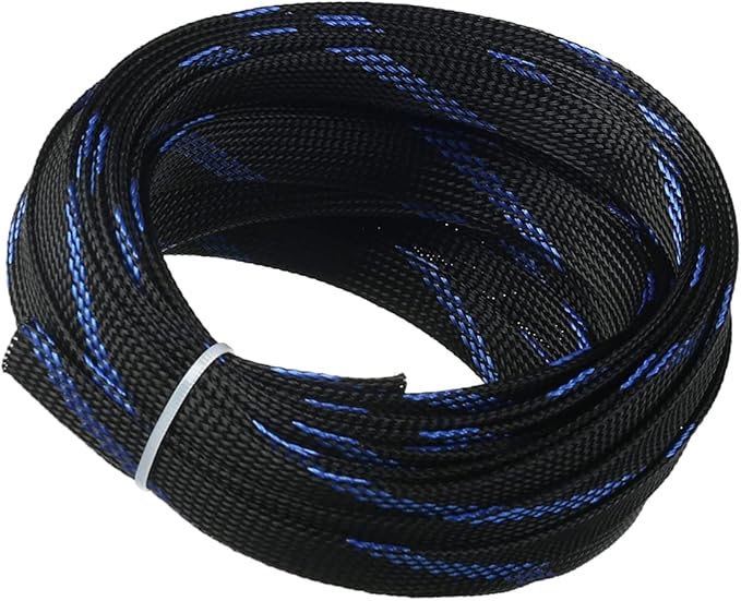 Aicosineg 32.81ft PET Flexible Braided Cable Sleeve 0.55inch Width Wire Loom Sleeving and Organizer Flexible Wire Mesh Sleeve Wrap Protector for TV Audio PC Cords from Pets Chewing Black and Blue