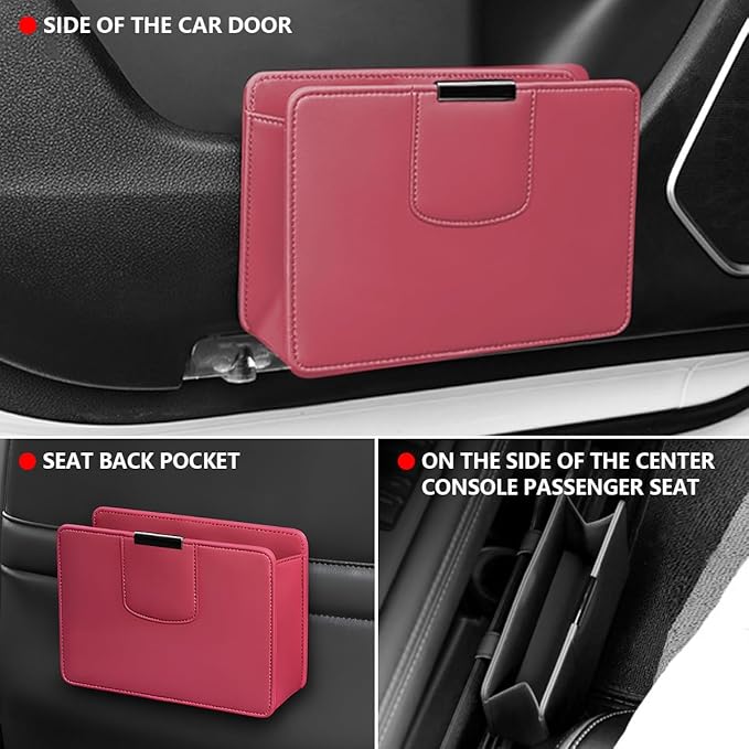 Car Trash Can, Leather Auto Garbage Bin, Magnetic Litter Storage Container, Mini Portable Foldable Vehicle Interior Hanging Dustbin Accessories, Universal for SUV, Truck, RV（Wine Red）