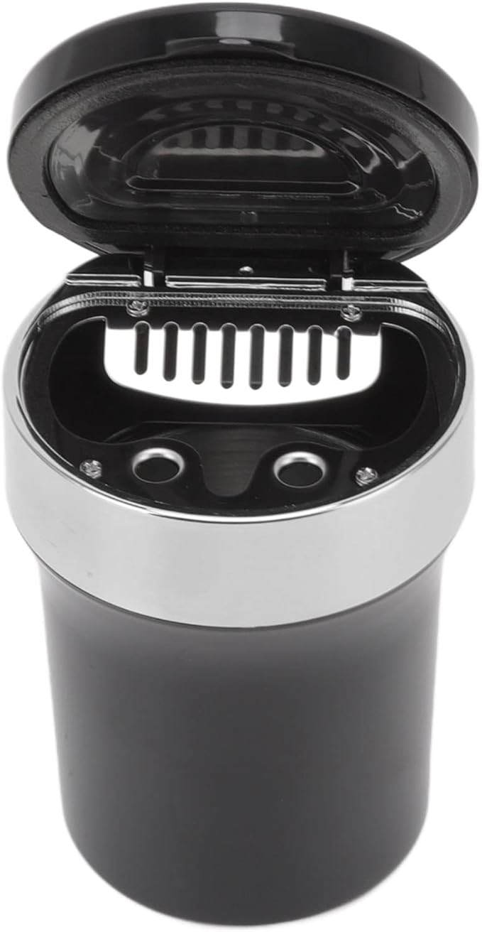 Fdit Portable Car Ashtray for Vehicles, Mini Car Trash Can with Detachable Lid, Detachable Ash Tray Stainless Steel Inside for Outdoor Travel, Home Use (Black Silver)