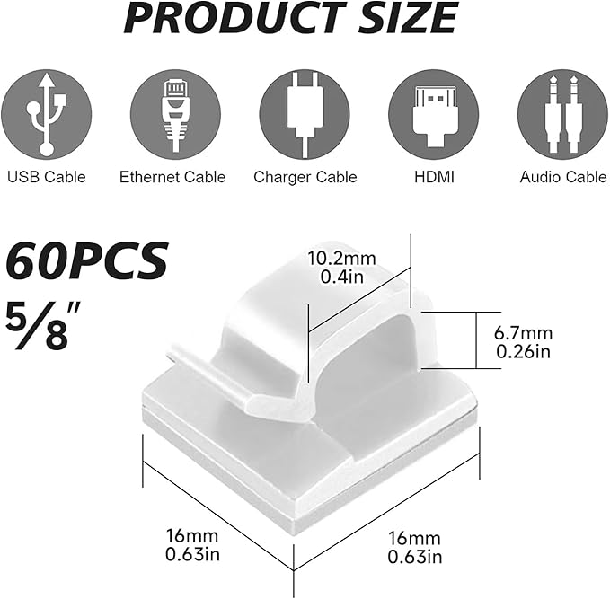 5/8 in Adhesive Cable Clips, 60pcs Outdoor Light Clips, Cord Clips, Sturdy Wire Clips, Finisher Wire Clamp for Home, Car, Office Wire Management Clipsr (White, 5/8"-60PCS)