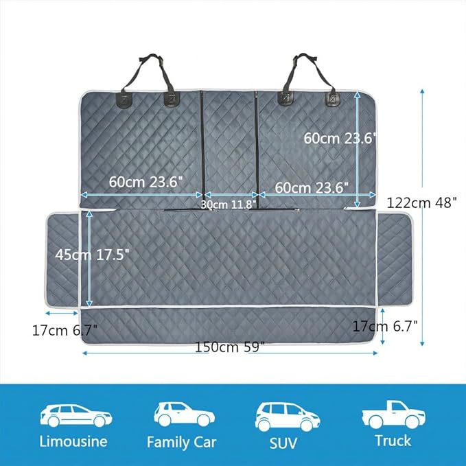 ANOSOSPECIAL Grey Dog Car Seat Cover for Back Seat X-Large,Non-Stick Fur,Pet-Friendly and Waterproof - Universal Fit Interior Protector for Auto, Van, SUV - Ideal for Kids and Pets (X-Large)