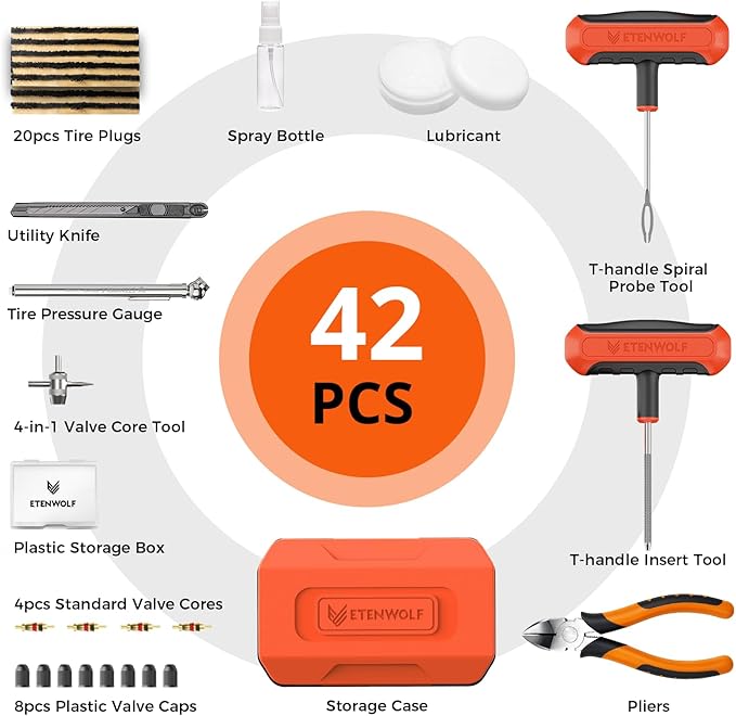 ETENWOLF Tire Repair Kit 42 Pcs, Heavy Duty Tire Plug Kit to Fix Punctures, Tire Repair Tool with Plugs for Car, Motorcycle, ATV, Jeep, Truck, Tractor, Gifts for Him Her Men Women, Vivid Orange