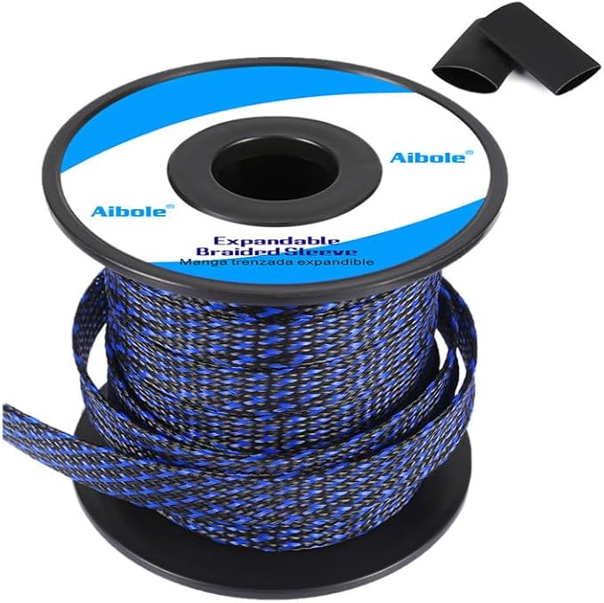 100Ft-1/4inch PET Expandable Braided Wire Sleeving,Wire Loom Cable Sleeve for TV,Computer,Home Theater,Automotive,Home Industrial,Electrical Wires,Chemical,Protect Cat from Chewing Cords,BlackBlue