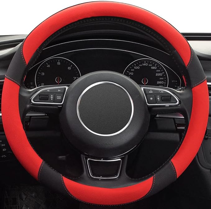 Xizopucy Red Steering Wheel Cover with Microfiber Leather for Car Truck SUV, Anti-Slip Steering Wheel Cover 15 inchs