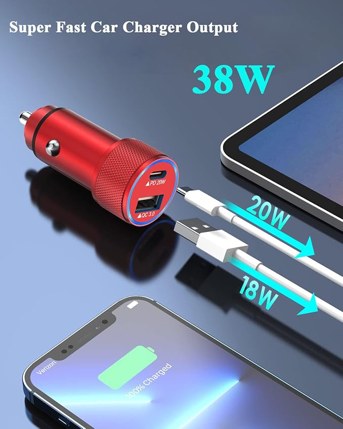 iPhone Car Charger,[2 Pack] 38W Dual Port USB C + QC 3.0 Wall Chargers [Apple MFi Certified] Cigarette Lighter Fast Car Charger Adapter with 2 pack Lightning Cable for iPhone 14 13 Pro Max 12 11 (Red)