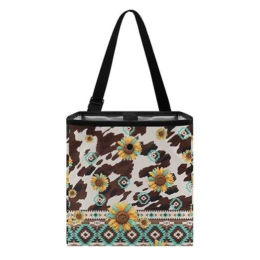 Navajo Aztec Tribal Print Car Trash Can for Back Seat Car Accessories for Women Men Leakproof Auto Garbage Cans Hanging Cowhide Sunflower Trash Bin for Car Water-Resistant