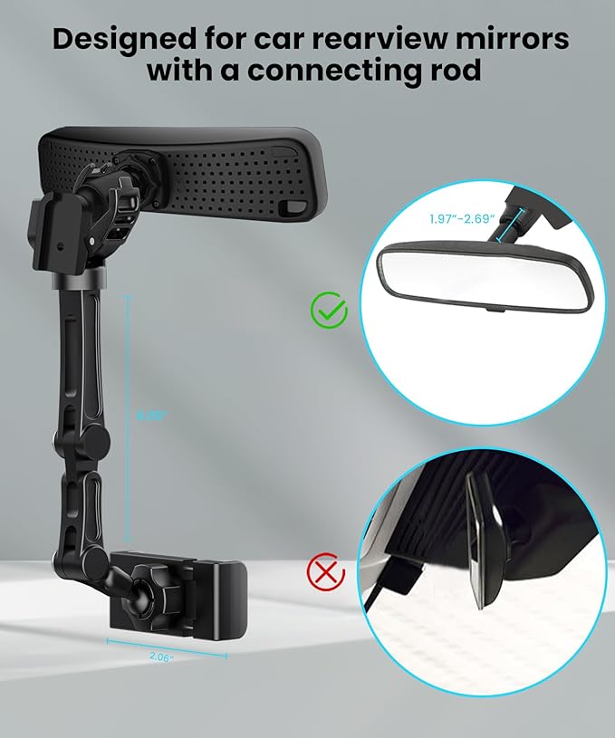 Karmus Rear View Mirror Phone Holder, Aluminum Alloy Mount Car Phone Holder Universal Rotatable and Retractable Rearview Mirror Phone Mount for Car Truck
