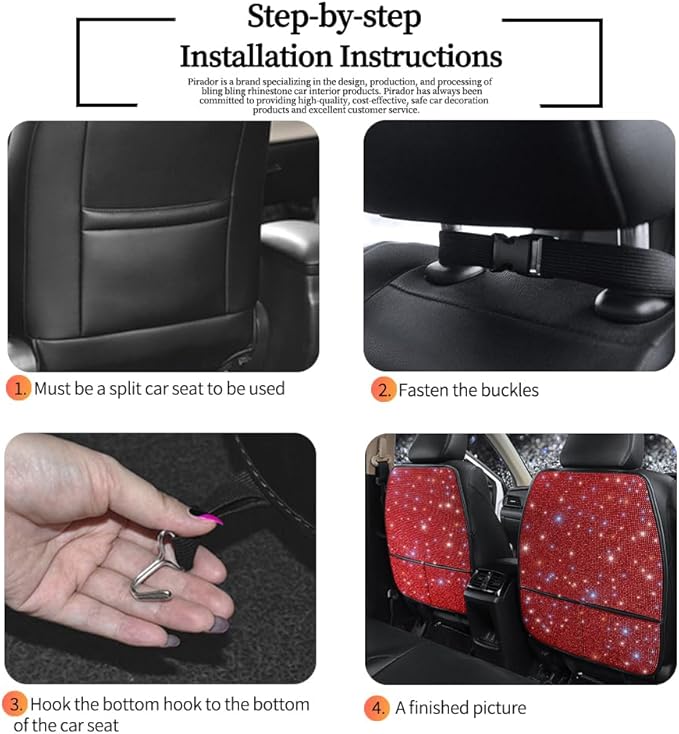 Luxury Bling Car Seat Back Protectors with Pockets – Sparkling Rhinestone Kick Mats, Universal Fit PU Leather Back Seat Covers for SUV Leather Seats, Diamond Protectors for Girls Red 2pcs