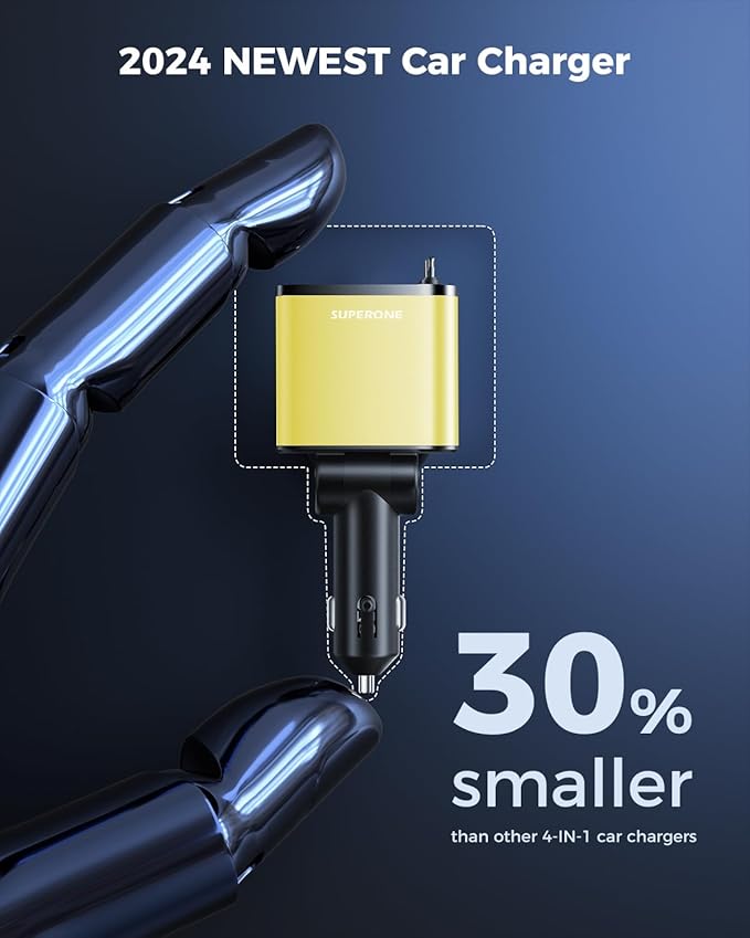 [2024 Upgraded] 4 in 1 Retractable Car Charger, SUPERONE Smaller Fast Car Phone Charger 69W with Cord, USB C and iPhone Car Charger Adapter, Compatible iPhone 17/17 Pro Max/16/15/14/13/12/11, Sumsung