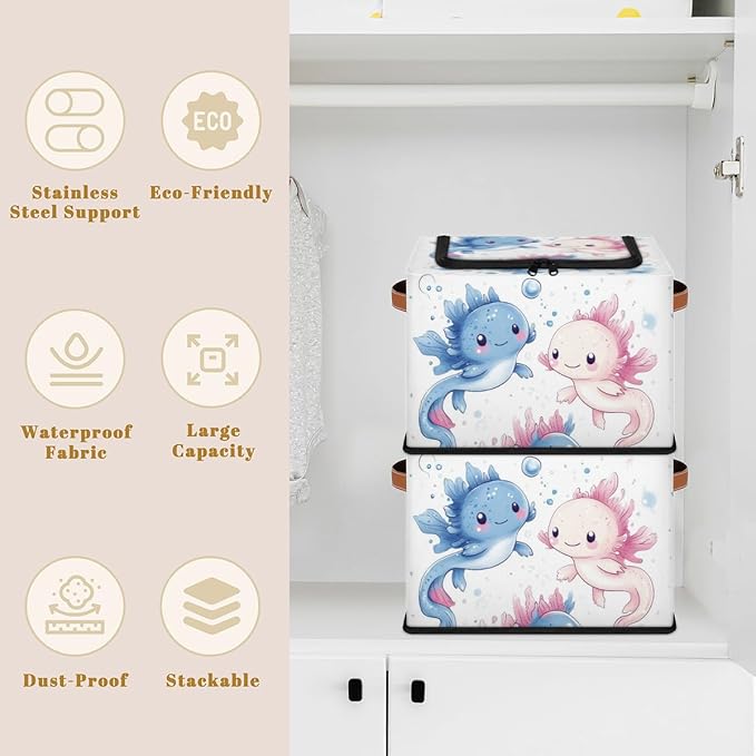 Ocean Axolotls Storage Bins With Zipper Lid, Trunk Organizer, Car Organizers and Storage Bins with Lids, Decorative Storage Boxes with Handle, Home Storage Baskets for Organizing