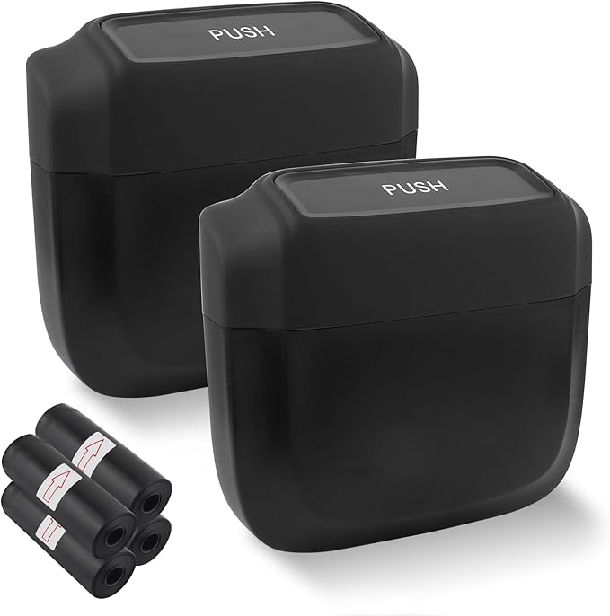 IHOTDER 2PCS Car Trash Can with Lid + 60PCS Garbage Bags,Mini Trash Can Interior Accessories for Door/Seat/Center Console/Home/Office,Multifunctional Car Organizers and Storage (Black)