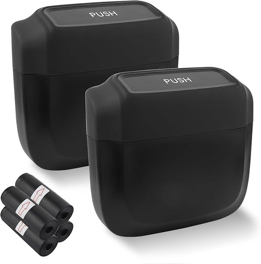 IHOTDER 2PCS Car Trash Can with Lid + 60PCS Garbage Bags,Mini Trash Can Interior Accessories for Door/Seat/Center Console/Home/Office,Multifunctional Car Organizers and Storage (Black)