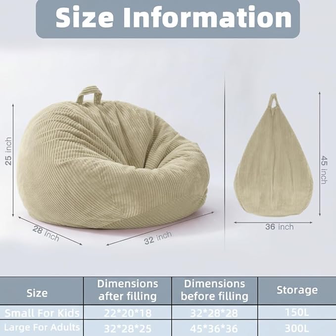 Stuffed Animal Storage Bean Bag Chair Cover (No Filler), Large Toy Storage Organizer & Comfy Kids Sofa Chair for Playroom, Teens Adults Toddler,Corduroy (White, Cover Only)