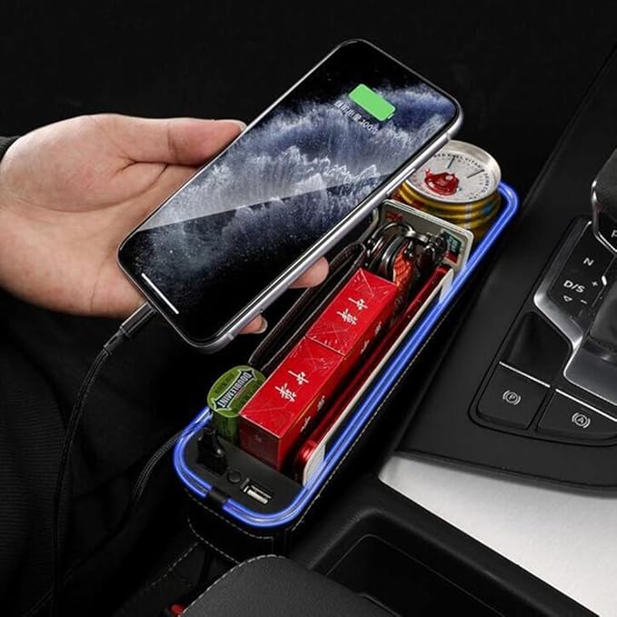 Tumecos Car Seat Gap Organizer with Light Multifunctional,with Small Cup Holder, Storage Box Car Seat Organizer, Car Seat Gap Filler with 2 USB Super Fast Charge Ports(Beige, Passenger’s Side)