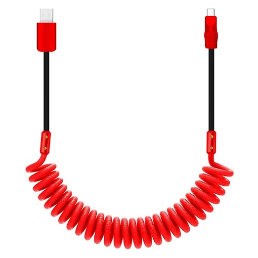 chubbycable Curly Chubby 120W Coiled USB C Cable Retractable Fast Charging Cable for Car Charger Cord Compatible with iPhone 17-15 Series, Red+Black, USB-A to Type-C, 2.29FT-3.6FT