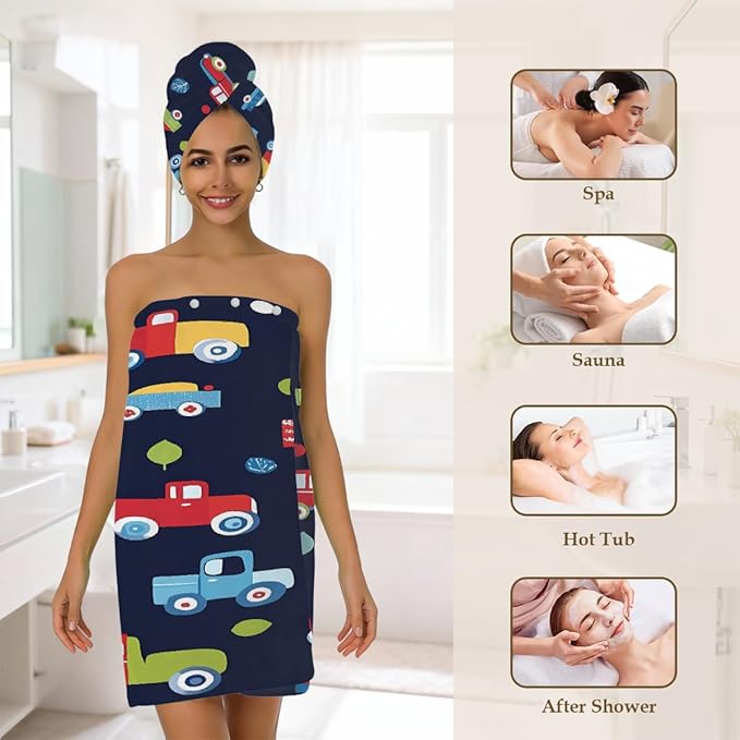 Women Bath Wrap Hair Towel Drying Cap Set Cartoon Trucks Cars Print Soft Absorbent Bathrobe Shower Wraps with Adjustable Closure Spa Bath Robe