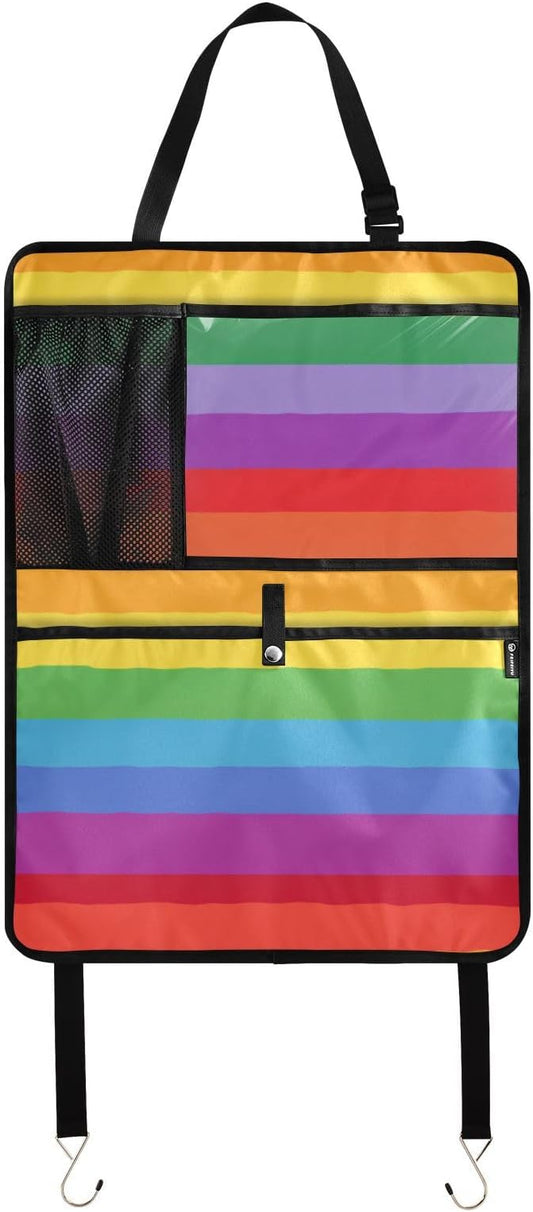 1 Pack Back Seat Car Organizer with Storage Pockets Kick Mats Back Seat Protector Hanging Car Organizer Automotive Seat Back Cover Organizers Vibrant Colorful Stripes