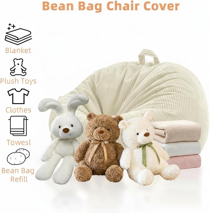 ZhenLives Stuffed Animal Storage Bean Bag Chair Cover, Cover Only (No Filler), Corduroy Toy Organizer Floor Cushion Seat, 48 in/120 cm Slipcover for Teens & Adults, White