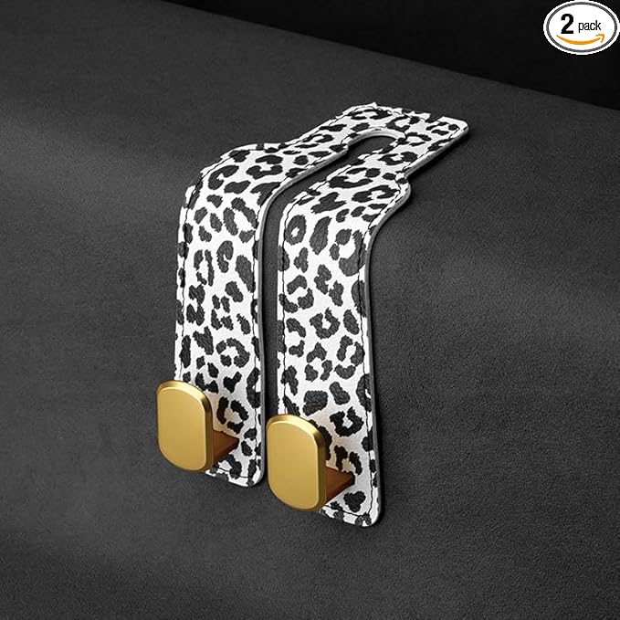 Car Seat Hooks for Headrest,Purse Hook & Back Storage Hook, Zinc Alloy & Suede Material Heavy Duty Car Hooks for Purses and Bags,Universal Fit for Most Vehicles (White Leopard)