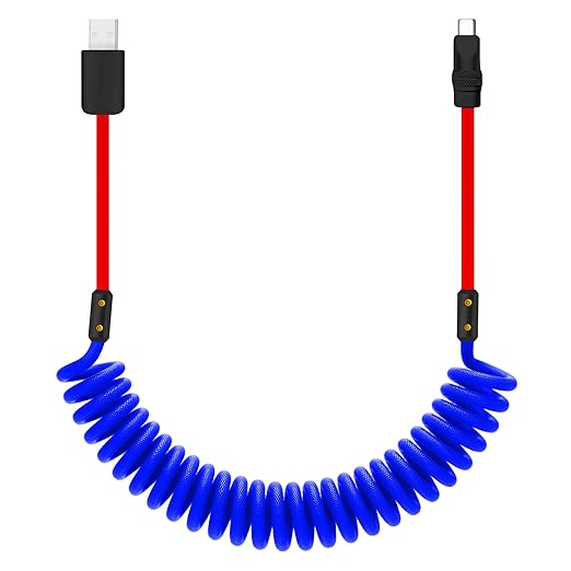 chubbycable Curly Chubby 120W Coiled USB C Cable Retractable Fast Charging Cable for Car Charger Cord Compatible with iPhone 17-15 Series, Blue+Red, USB-A to Type-C, 2.29FT-3.6FT