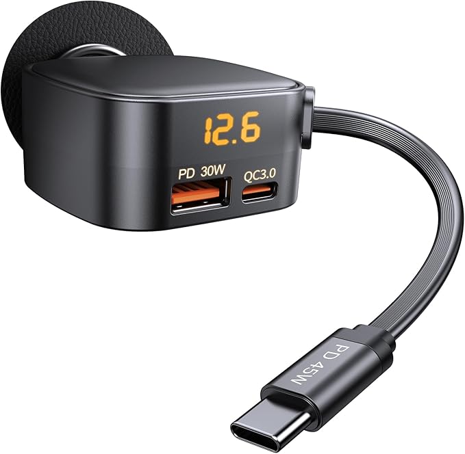 Retractable Car Charger USB C, 93W Fast Charging Car Charger Adapter with Voltage Display, [QC3.0 & PD 45W] 12-24V Cigarette Lighter USB Charger Adapter for iPhone 17 16 Galaxy iPad Android