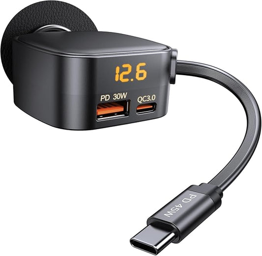 Retractable Car Charger USB C, 93W Fast Charging Car Charger Adapter with Voltage Display, [QC3.0 & PD 45W] 12-24V Cigarette Lighter USB Charger Adapter for iPhone 17 16 Galaxy iPad Android