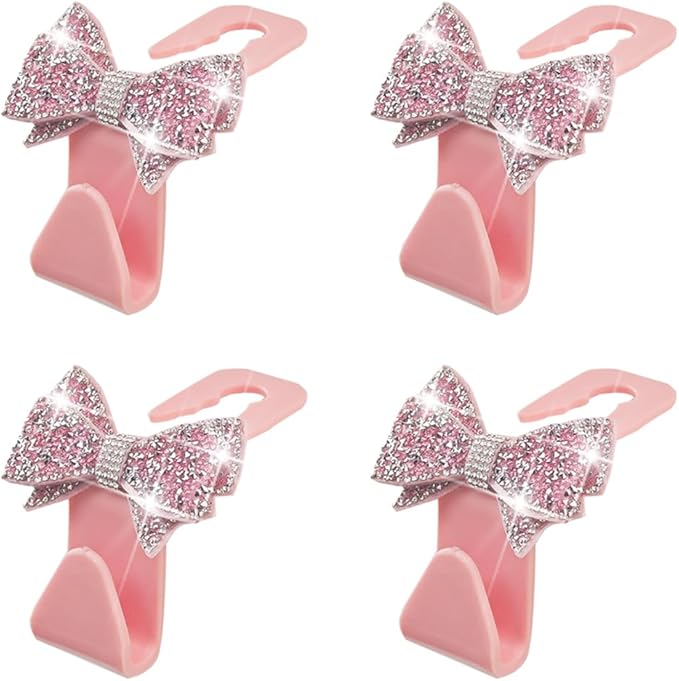 Zpana Bling Car Headreat Hook, 2PCS Crystal Rhinestone Cute Bow Vehicle Seat Back Hanger Storage for Purses Bags Grocery, Diamond Auto Rear Seat Organizer, Universal for SUV Truck Sedan (Pink)