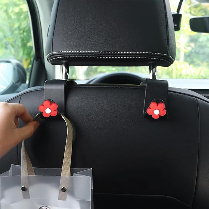 4 PCS Car Headrest Hook, Multifunctional Flower Vehicle Seat Back Storage Hook, Cute Automotive Seatback Organizer Hanger for Purse Grocery Bag Handbag, Universal Fit (Black/Red)