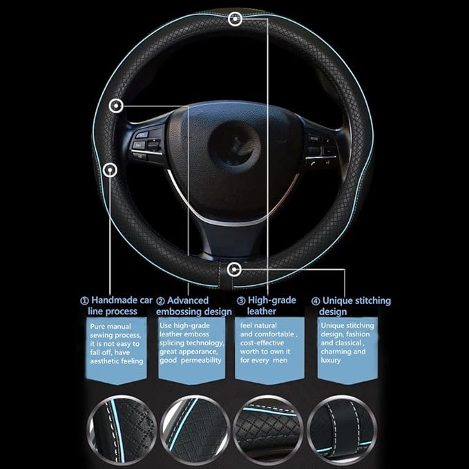 Car Steering Wheel Cover,Anti-Slip, Safety, Soft, Breathable,Heavy Duty, Thick,Full Surround,Sports Style (Black with Light Blue Line)