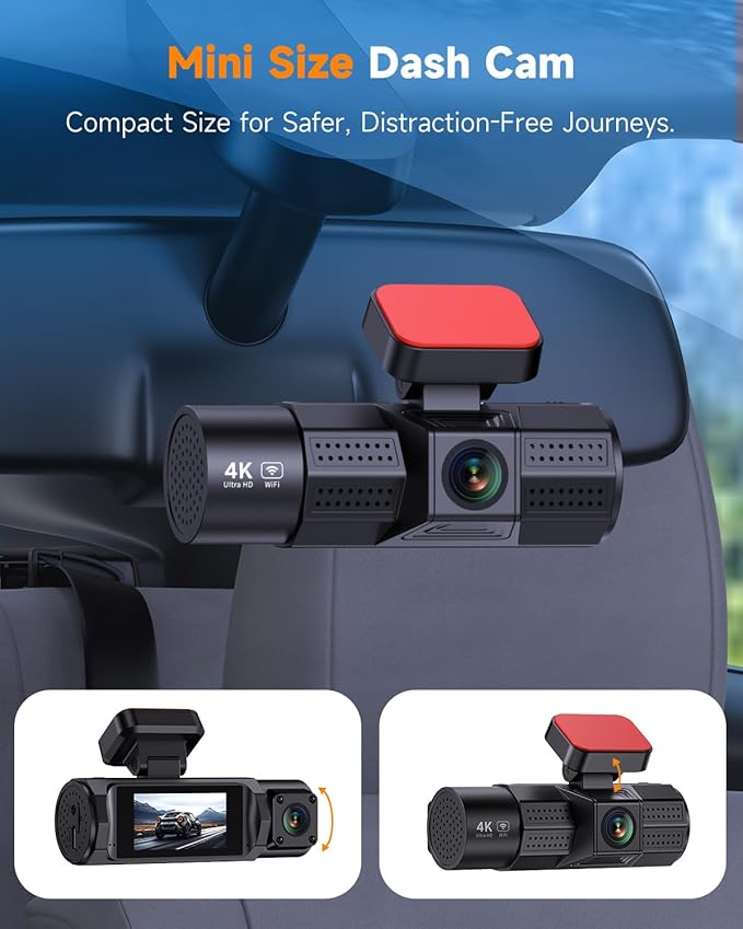 4K 3 Channel Dash Cam Front and Rear Inside, Dash Camera for Cars WDR Night Vision, 2 Inch IPS Screen WiFi App Control, 24H Parking Mode G-Sensor 32GB SD Card Included Support 256 GB Max