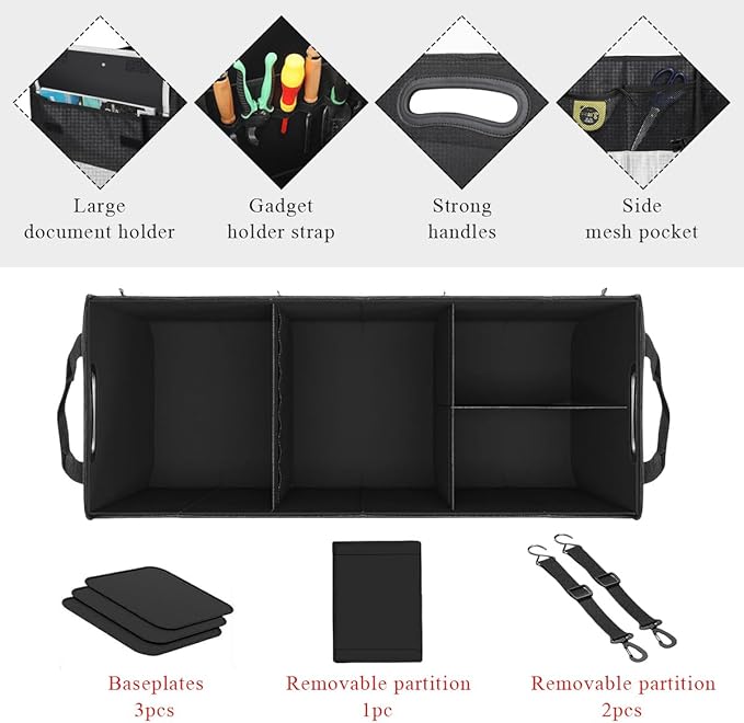 Large Organizer for Car, 95L Stretchable Storage Trunk Organizer with Divided Compartments, Fixed Big Trunk Organizer with Handles & Adjustable Straps, Car Accessories (Black & Gray)