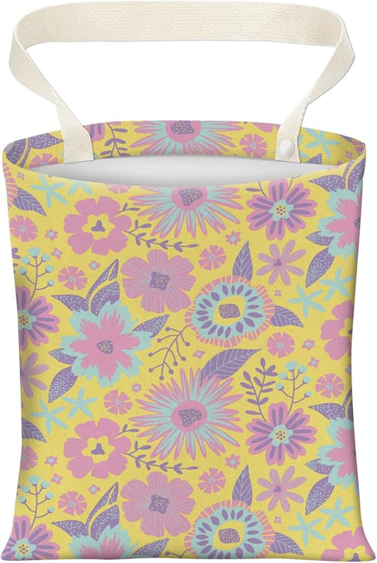 Cute Car Trash Can, Hanging Canvas Car Back Seat Organizer and Storage Bag, Funny Car Trash Bag for Travelling, Outdoor Cute Yellow Purple Daisy