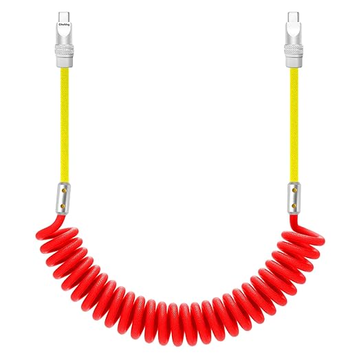 chubbycable Curly Chubby 240W Coiled USB C Cable Retractable Fast Charging Cable for Car Charger Cord Compatible with iPhone 17-15 Series, Red+Yellow, Type-C to Type-C, 2.29FT-3.6FT