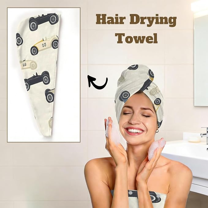 Women Bath Wrap Hair Towel Drying Cap Set Vintage Race Cars Print Soft Absorbent Bathrobe Shower Wraps with Adjustable Closure Spa Bath Robe