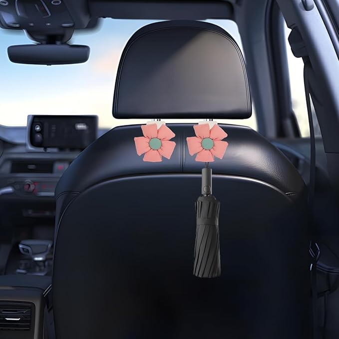 Car Seat Headrest Hooks, 2PCS Cute Flower Vehicle Seat Back Organizer Holder for Purses Bags Grocery, Automotive Interior Storage Hanger Decoration Accessories, Universal Fit (White/Pink)