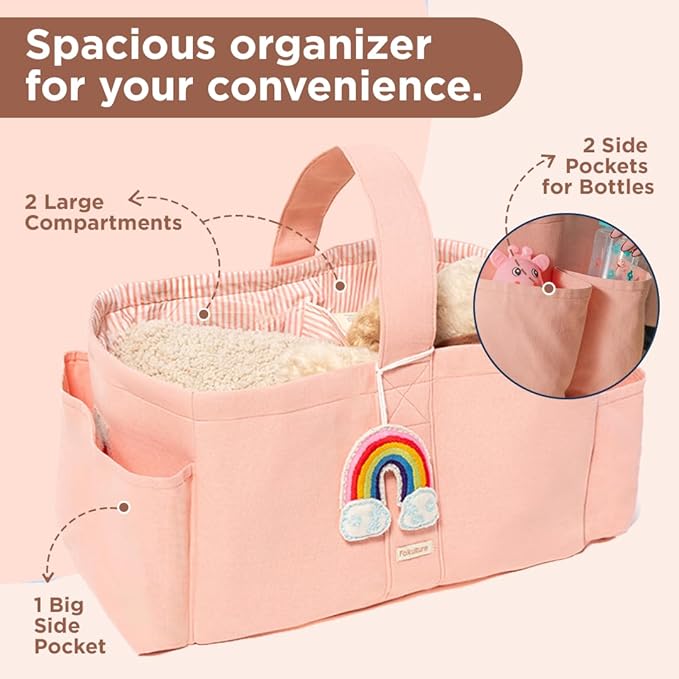 Folkulture Baby Diaper Caddy | Cotton Diaper Bag for Kids - Stylish Comfort Spacious Travel Essential Cart | Nursery Storage Bin and Car Organizer for Diapers, Wipes - (Powder Pink -15")