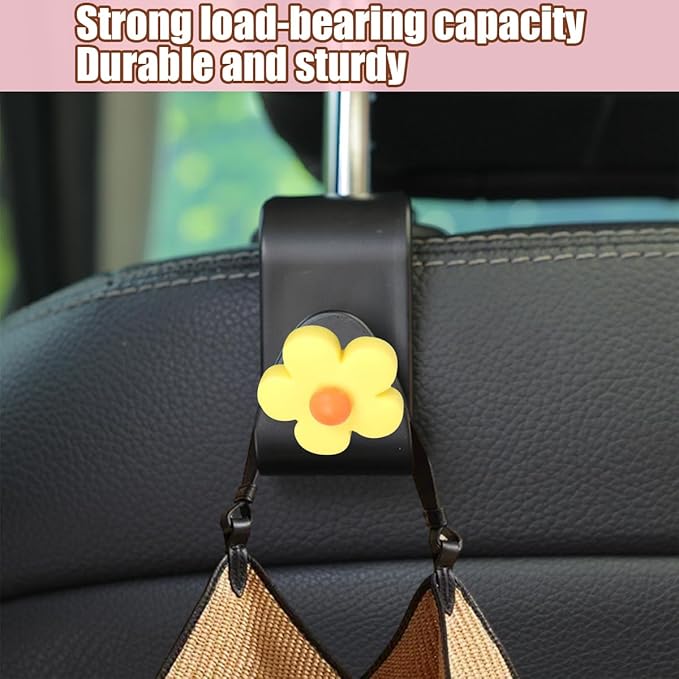 4 PCS Car Headrest Hook, Multifunctional Flower Vehicle Seat Back Storage Hook, Cute Automotive Seatback Organizer Hanger for Purse Grocery Bag Handbag, Universal Fit (Black/Yellow)