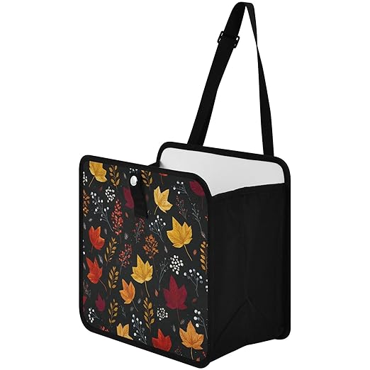 Car Trash Can Organizer Bin with Adjustable Strap for Back Front Seat Console Waterproof Leakproof Collapsible Portable 11 Inch Autumn Leaf Pattern Black