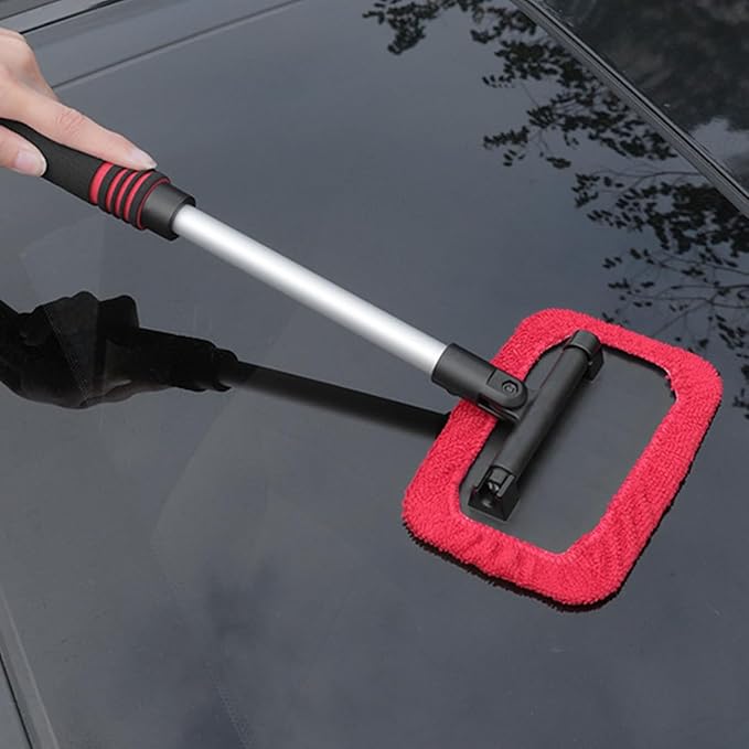 HZEL Car Windshield Cleaner Tool with Extendable Handle, Vehicle Glass Wiper Window Cleaning Tool with 2 Reusable Microfiber Pad, Auto Windscreen Detailing Cleaner Kit, Universal Fit (Square Red)
