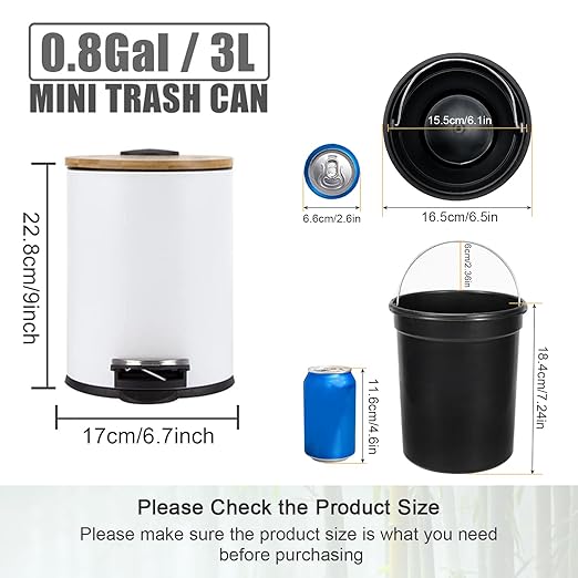 Mini Trash Can with Bamboo Lid Soft Close and Foot Pedal, 0.8Gal/3L Tiny Round Trash Can with Removable Plastic Inner Wastebasket for Bathroom, Bedroom, Powder Room, Office, Desk, Car, White