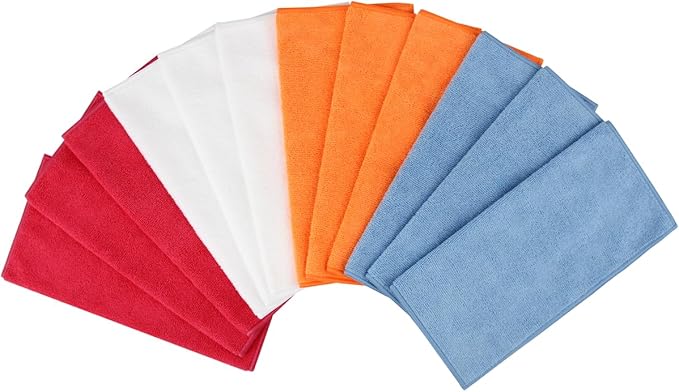 Tricol Clean Professional Microfiber Cleaning Cloth 12 Value Pack 12 x 12 inch (Commerical Grade, Extra Thick, Extra Absorbant, Dry Fast, Lint Free, 300GSM) (Blue, White, Orange, Red)