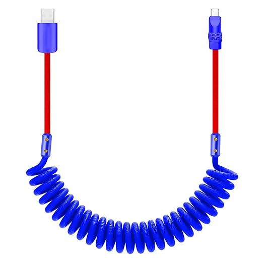 chubbycable Curly Chubby 120W Coiled USB C Cable Retractable Fast Charging Cable for Car Charger Cord Compatible with iPhone 17-15 Series, Dark Blue+Red, USB-A to Type-C, 2.29FT-3.6FT