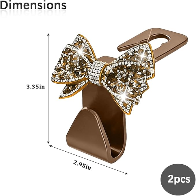 Zpana Bling Car Headreat Hook, 2PCS Crystal Rhinestone Cute Bow Vehicle Seat Back Hanger Storage for Purses Bags Grocery, Diamond Auto Rear Seat Organizer, Universal for SUV Truck Sedan (Gold)