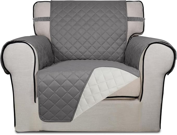 PureFit Reversible Quilted Sofa Cover, Water Resistant Slipcover Furniture Protector, Washable Couch Cover with Non Slip and Elastic Straps for Kids, Dogs, Pets (Chair, Gray/Ivory)