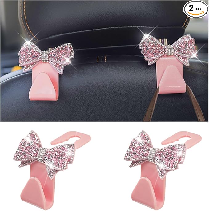 Zpana Bling Car Headreat Hook, 2PCS Crystal Rhinestone Cute Bow Vehicle Seat Back Hanger Storage for Purses Bags Grocery, Diamond Auto Rear Seat Organizer, Universal for SUV Truck Sedan (Pink)