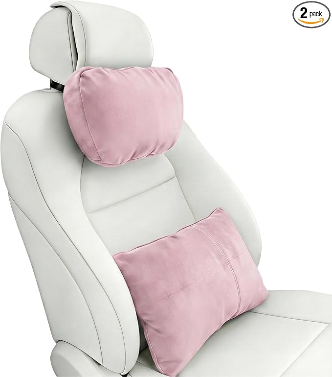 2PCS Car Pillow for Car Neck Pillow for Driving Seat Neck Support Soft Cushion Back Support Head-Rests for Vehicle Sleeping with Elastic Adjustment Strap (Light Pink, Head and Lumbar)